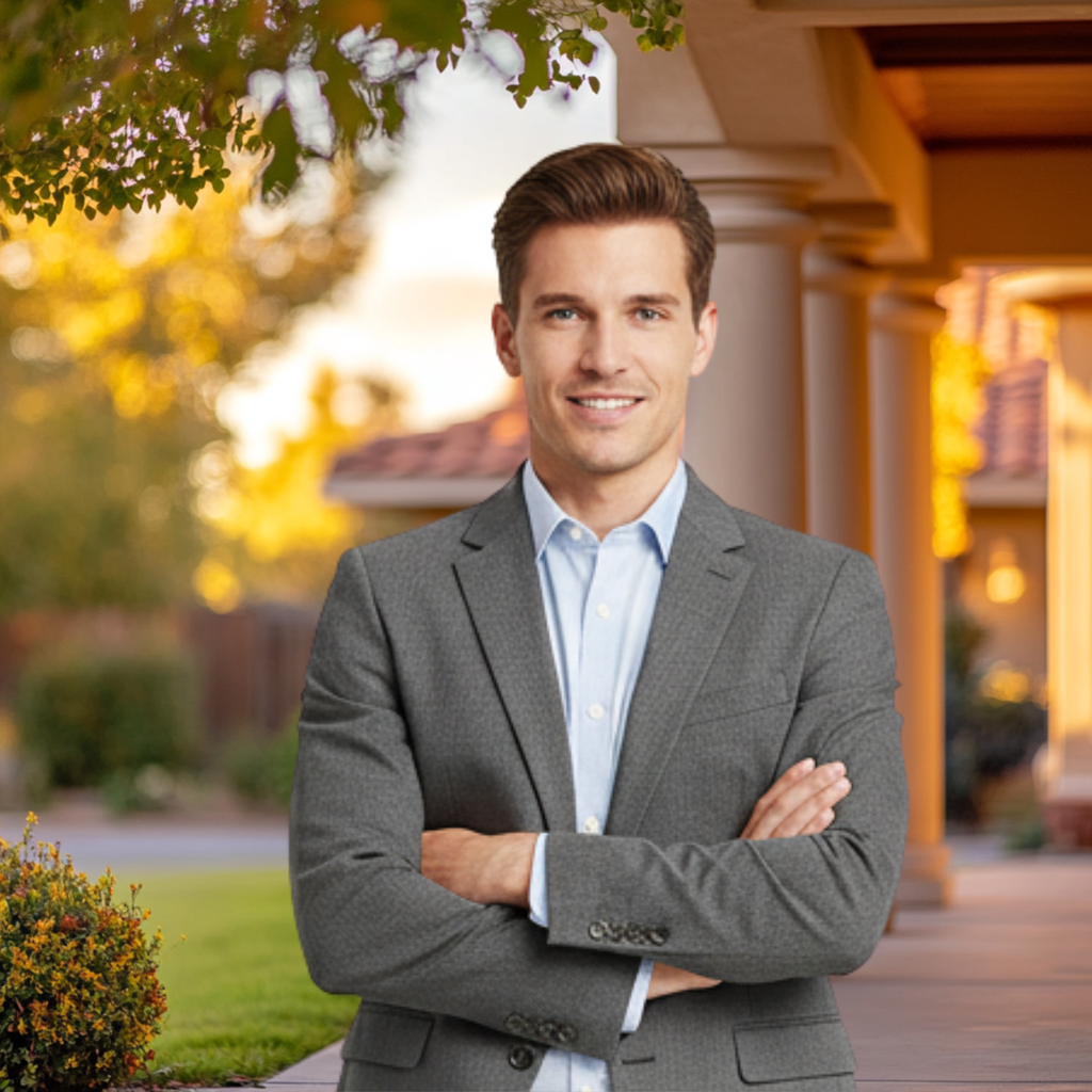 Virtual Photo Lab – Realtor Headshot with Real Estate Background (2800 × 2800 Digital)