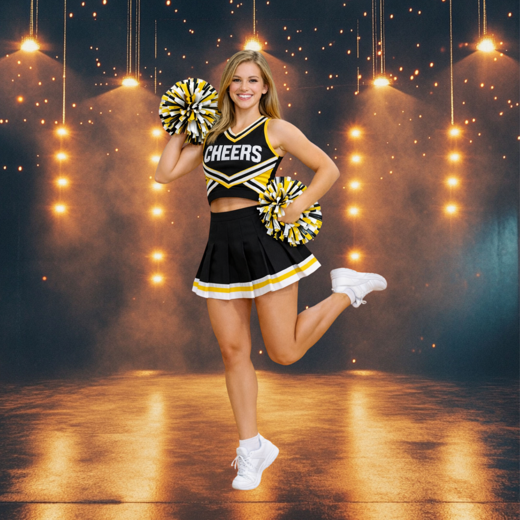 Virtual Photo Lab – Cheerleader Action Photo(Spotlight & Confetti Backgrounds – Digital)