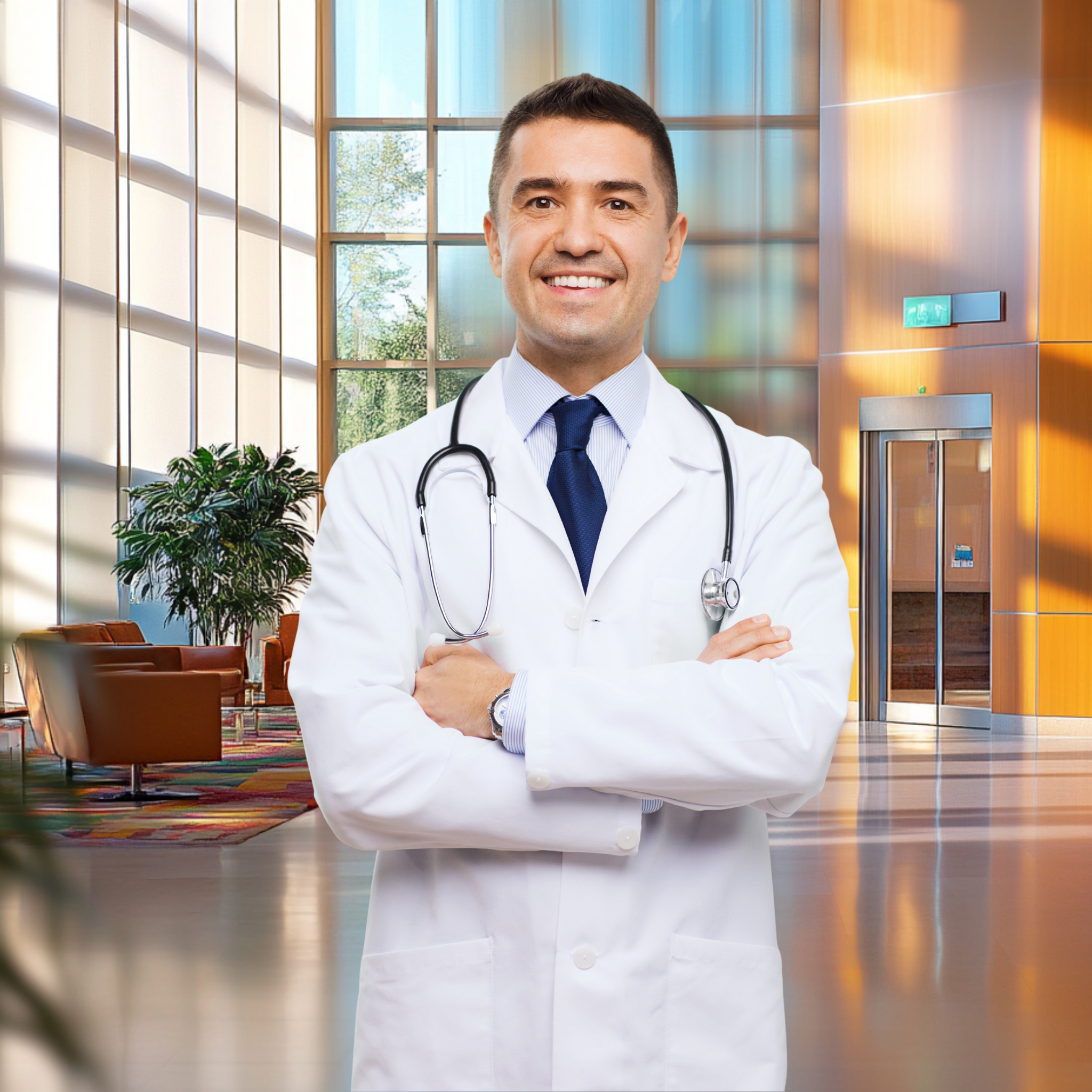 Virtual Photo Lab – Healthcare Headshot with Hospital Background (2800 × 2800 Digital)